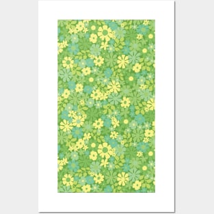 green retro florals pattern, 70s groovy green flowers, flower market, scandinavian florals, green hues Posters and Art